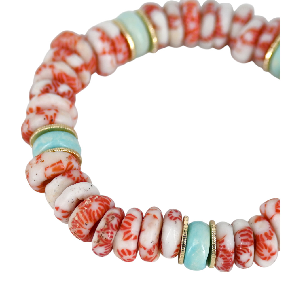 Akola Egypt Glass Bone Beaded Stretch Bracelet Red White Light Blue - Picture 4 of 6